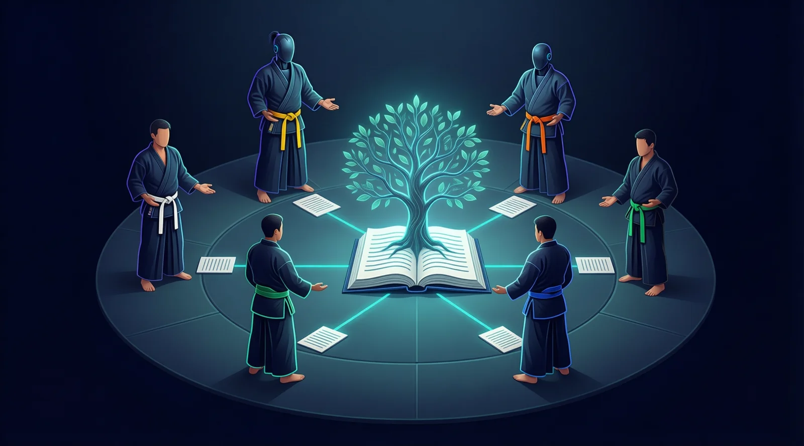 Practitioners with different belt colours gathered around a shared knowledge tree.
