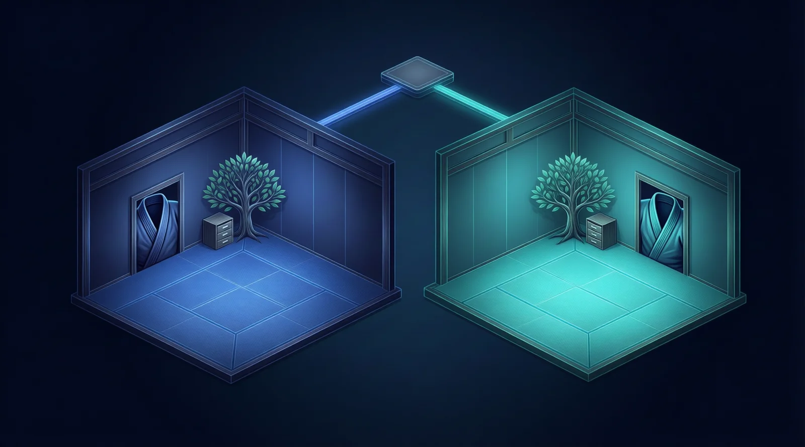 An external platform routes to two separate workspaces, each with its own Kimono instance, knowledge tree and cache.